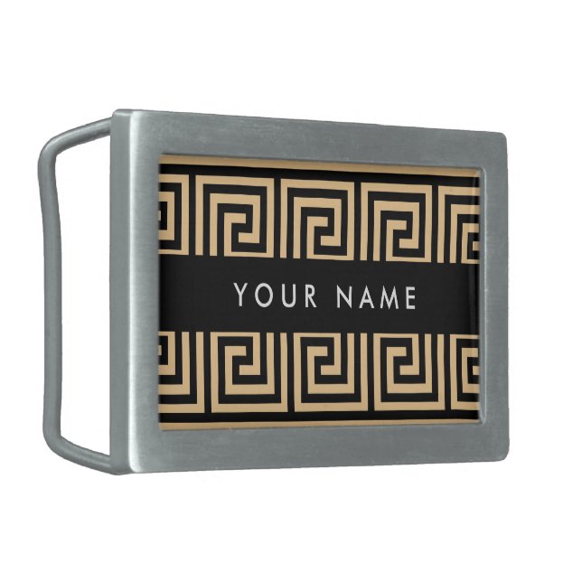 Greek Meander Key Brown, Your Name, Personalize Belt Buckle (Front Left)