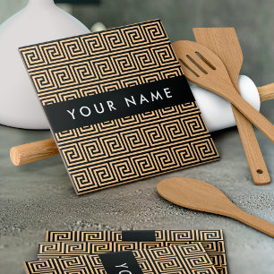 Greek Meander Key Brown, Your Name, Personalize Ceramic Tile