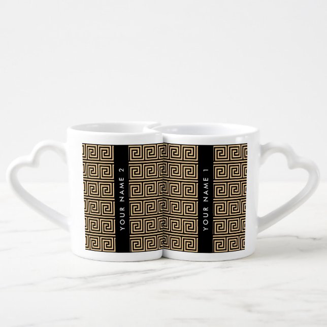 Greek Meander Key Brown, Your Name, Personalize Coffee Mug Set (Back Nesting)