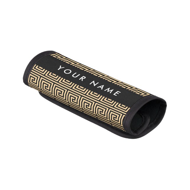 Greek Meander Key Brown, Your Name, Personalize Luggage Handle Wrap (Angled)