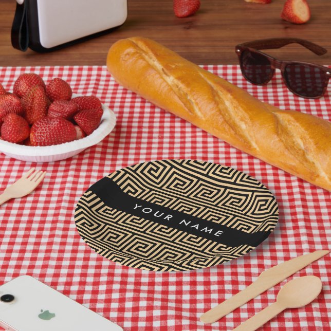 Greek Meander Key Brown, Your Name, Personalize Paper Plates (Picnic)