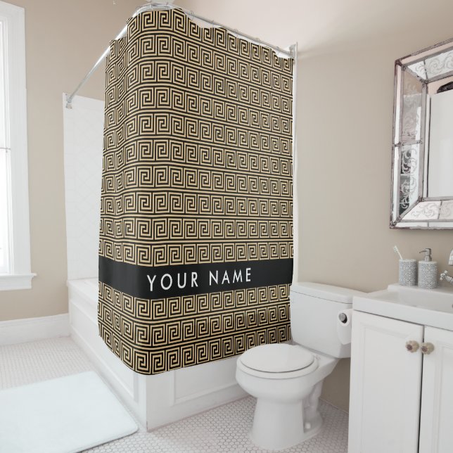 Greek Meander Key Brown, Your Name, Personalize Shower Curtain (In Situ)