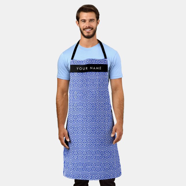 Greek Meander Key H Blue, Your Name, Personalize Apron (Worn)
