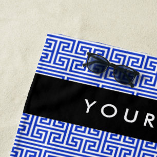 Greek Meander Key H Blue, Your Name, Personalize Beach Towel