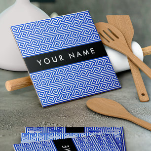 Greek Meander Key H Blue, Your Name, Personalize Ceramic Tile