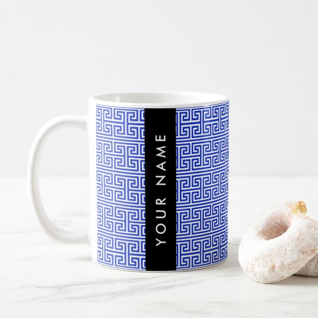 Greek Meander Key H Blue, Your Name, Personalize Coffee Mug (With Donut)