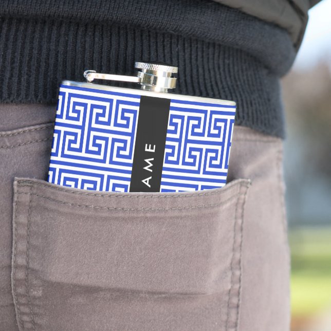 Greek Meander Key H Blue, Your Name, Personalize Flask (In Situ)