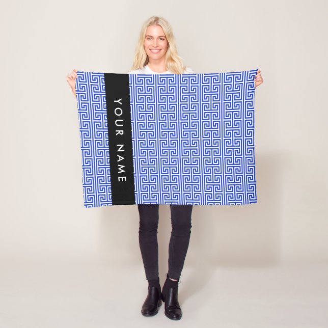 Greek Meander Key H Blue, Your Name, Personalize Fleece Blanket (In Situ)