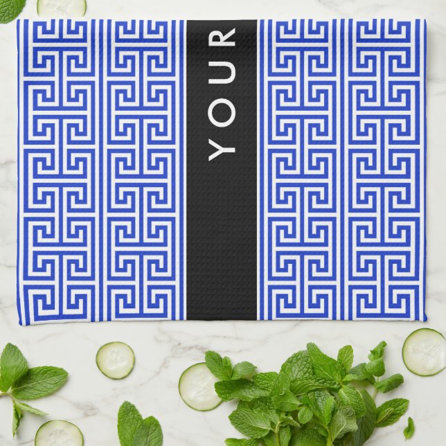 Greek Meander Key H Blue, Your Name, Personalize Kitchen Towel (Folded)