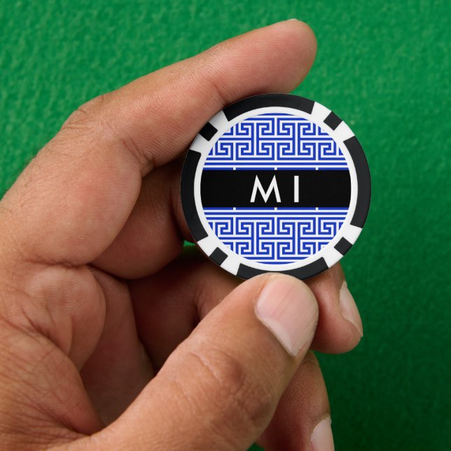 Greek Meander Key H Blue, Your Name, Personalize Poker Chips (Hand)