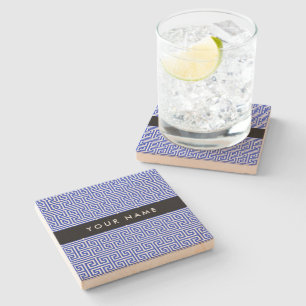 Greek Meander Key H Blue, Your Name, Personalize Stone Coaster