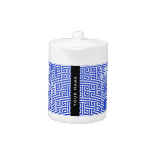Greek Meander Key H Blue, Your Name, Personalize Teapot