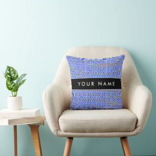 Greek Meander Key H Blue, Your Name, Personalize Throw Pillow