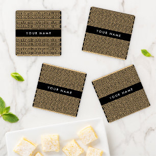 Greek Meander Key H Brown, Your Name, Personalize Coaster Set