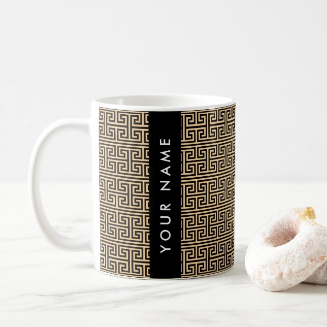 Greek Meander Key H Brown, Your Name, Personalize Coffee Mug (With Donut)