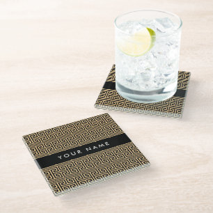Greek Meander Key H Brown, Your Name, Personalize Glass Coaster