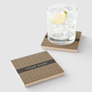 Greek Meander Key H Brown, Your Name, Personalize Stone Coaster