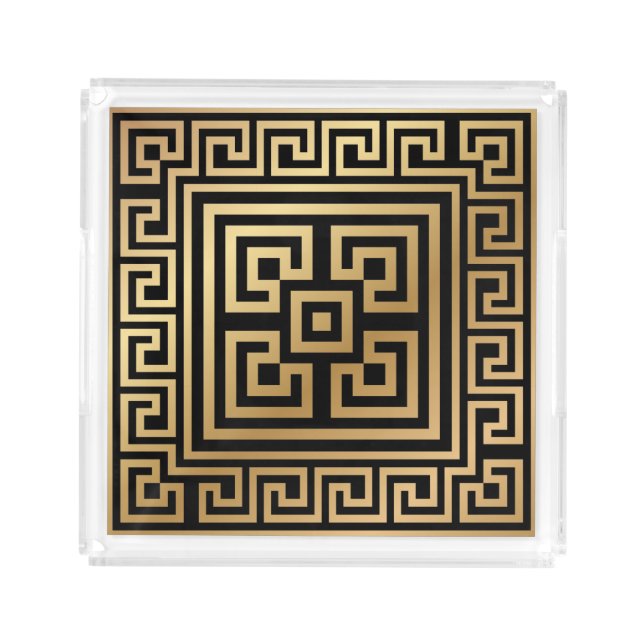 Greek Meander key ornament - black and gold Acrylic Tray (Front)