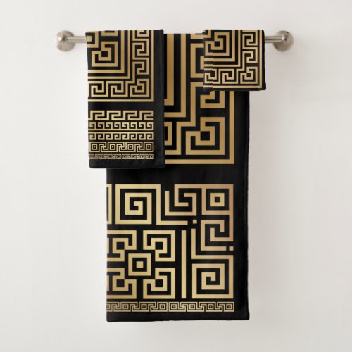 Greek Meander key ornament _ black and gold Bath Towel Set
