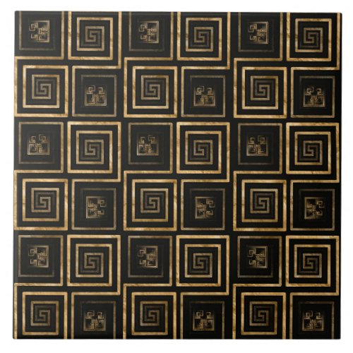 Greek Meander Key pattern _ gold watercolor Ceramic Tile