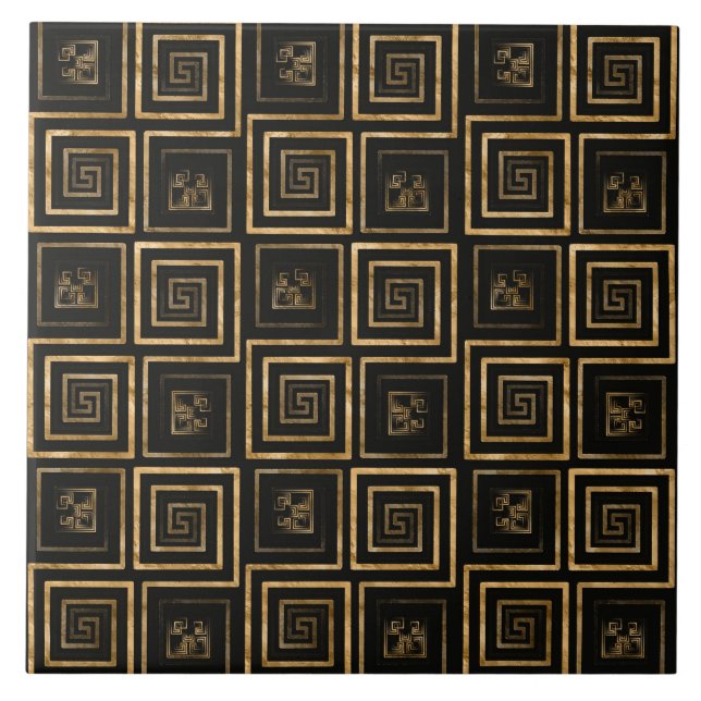 Greek Meander Key pattern - gold watercolor Ceramic Tile (Front)
