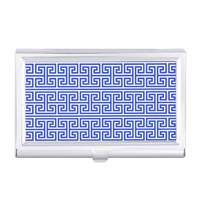 Greek Meander Key Square H Pattern Blue Business Card Case (Front)