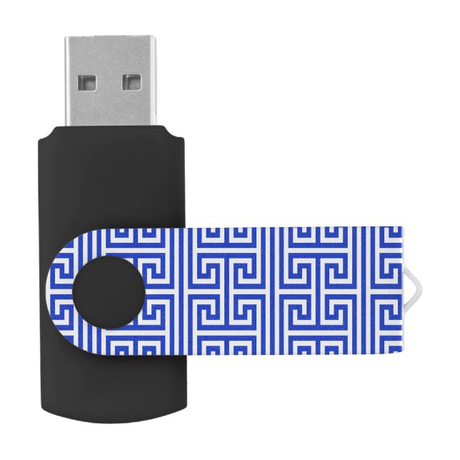 Greek Meander Key Square H Pattern Blue Flash Drive (Opened)