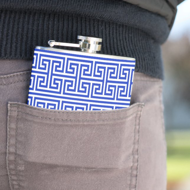 Greek Meander Key Square H Pattern Blue Flask (In Situ)