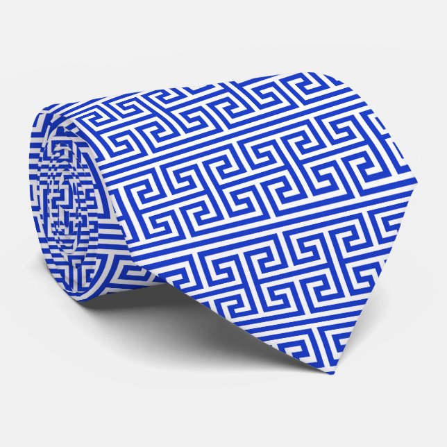 Greek Meander Key Square H Pattern Blue Neck Tie (Rolled)