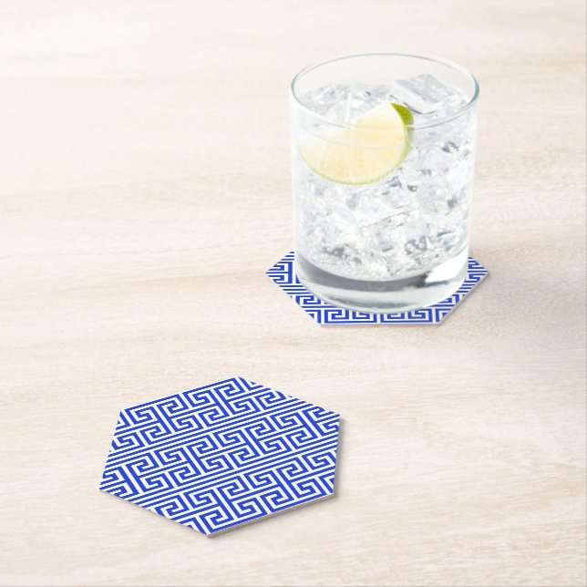 Greek Meander Key Square H Pattern Blue Paper Coaster (Insitu)