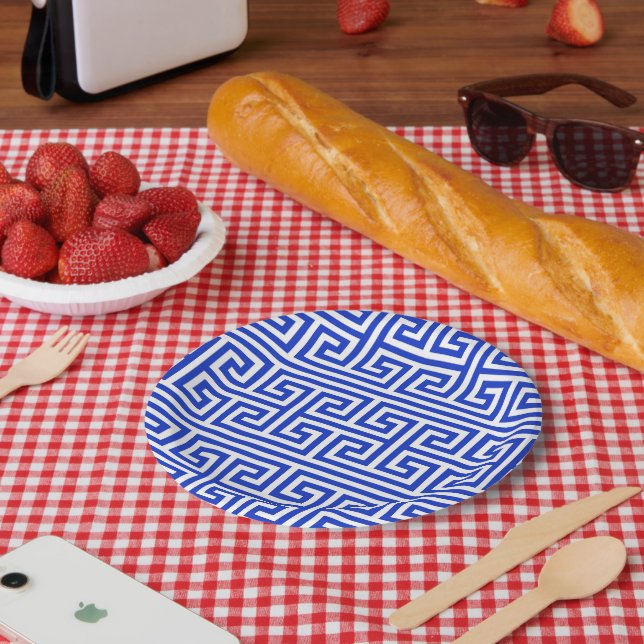 Greek Meander Key Square H Pattern Blue Paper Plates (Picnic)