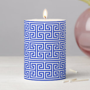 Greek Meander Key Square H Pattern Blue Pillar Candle
