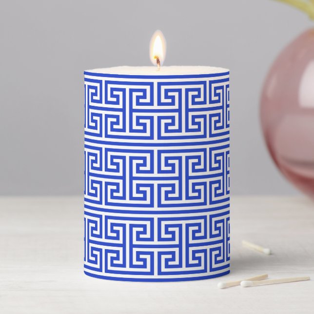 Greek Meander Key Square H Pattern Blue Pillar Candle (In Situ)