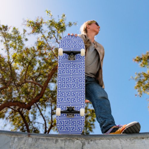 Greek Meander Key Square H Pattern Blue Skateboard