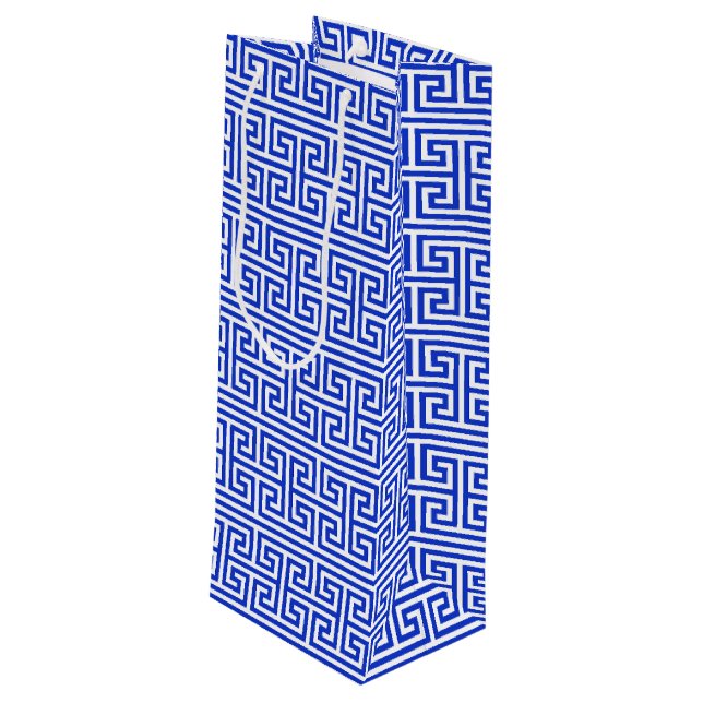 Greek Meander Key Square H Pattern Blue Wine Gift Bag (Back Angled)