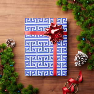 Greek Meander Key Square H Pattern Blue Wrapping Paper