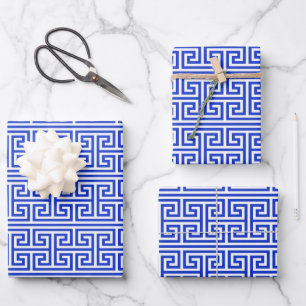 Greek Meander Key Square H Pattern Blue Wrapping Paper Sheets