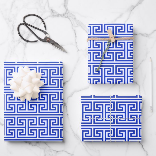 Greek Meander Key Square H Pattern Blue Wrapping Paper Sheets (Front)