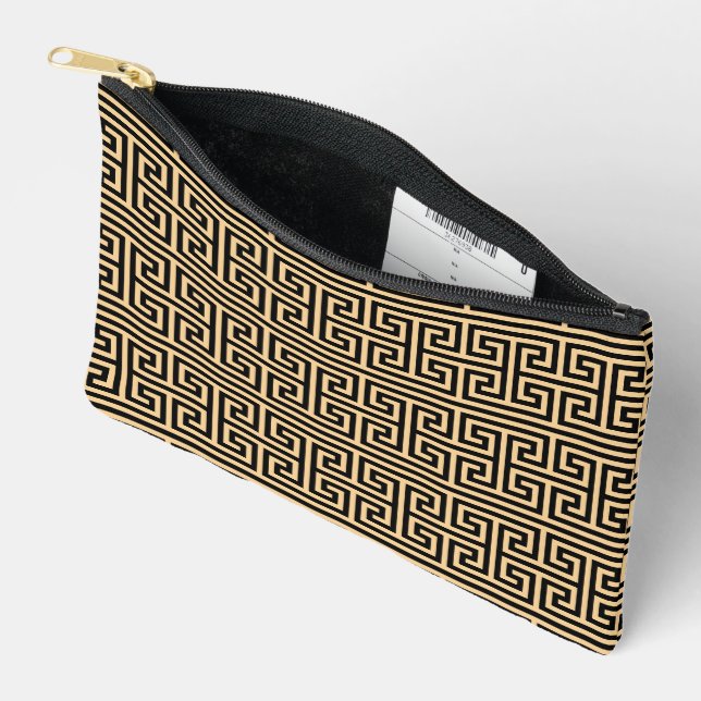 Greek Meander Key Square H Pattern Brown Accessory Pouch (Open)