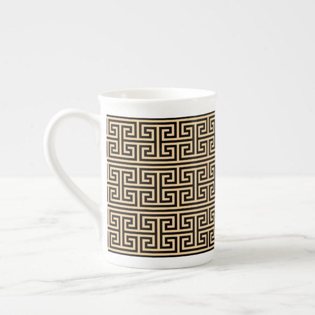 Greek Meander Key Square H Pattern Brown Bone China Mug (Left)