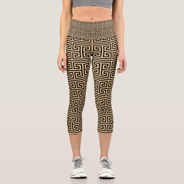 Greek Meander Key Square H Pattern Brown Capri Leggings (Front)