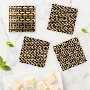 Greek Meander Key Square H Pattern Brown Coaster Set