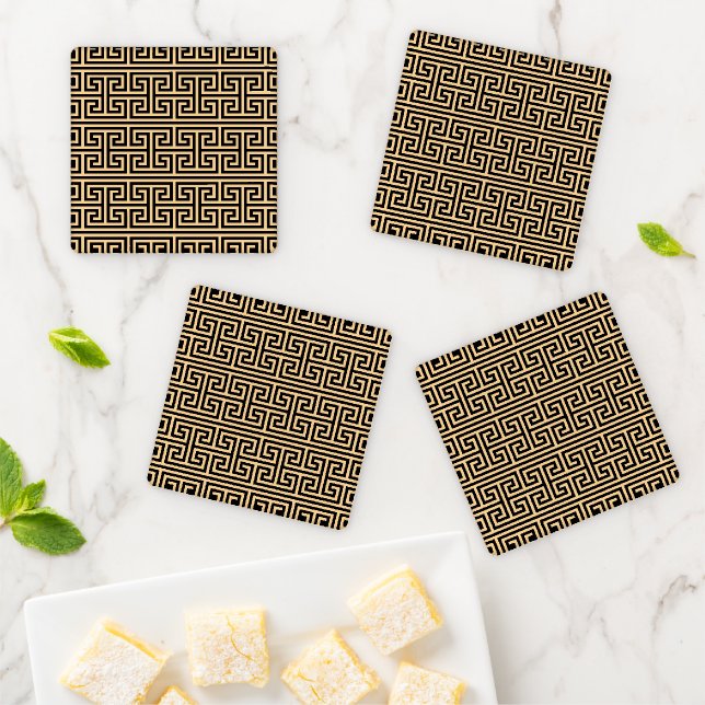 Greek Meander Key Square H Pattern Brown Coaster Set (In Situ)