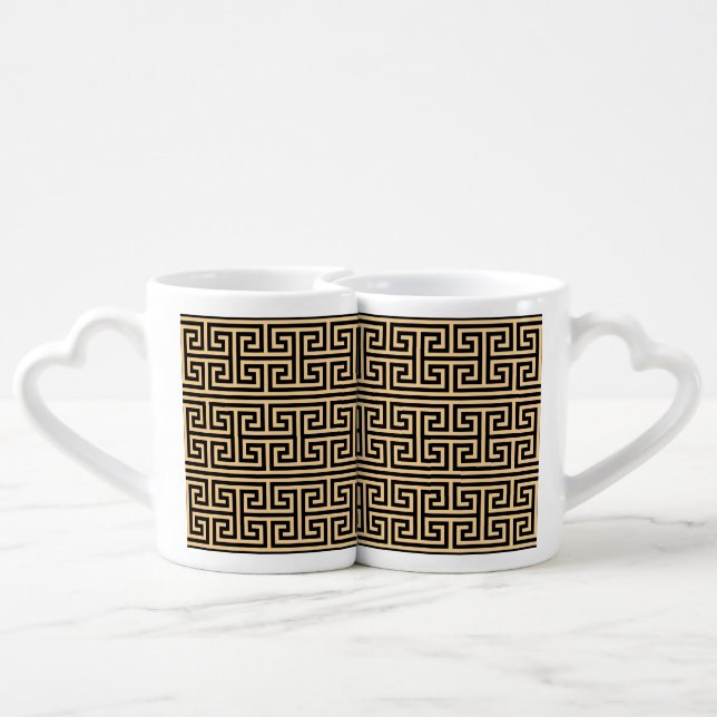 Greek Meander Key Square H Pattern Brown Coffee Mug Set (Back Nesting)