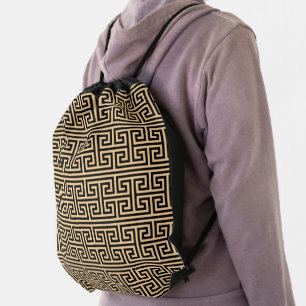 Greek Meander Key Square H Pattern Brown Drawstring Bag