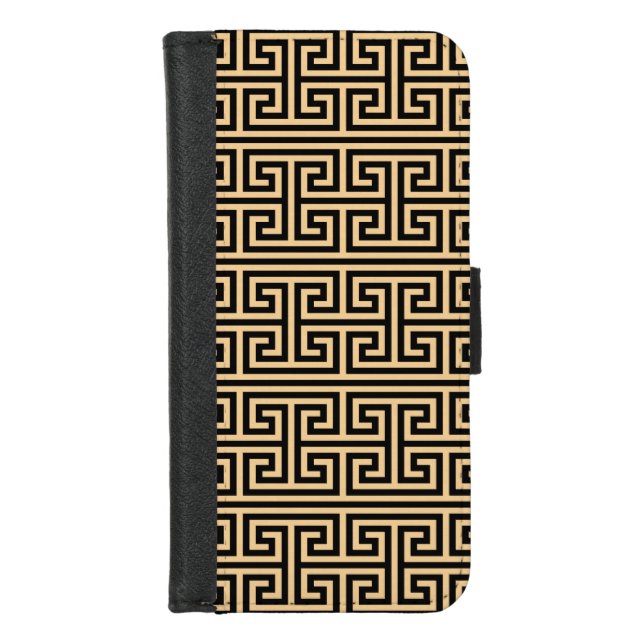 Greek Meander Key Square H Pattern Brown iPhone Wallet Case (Front)