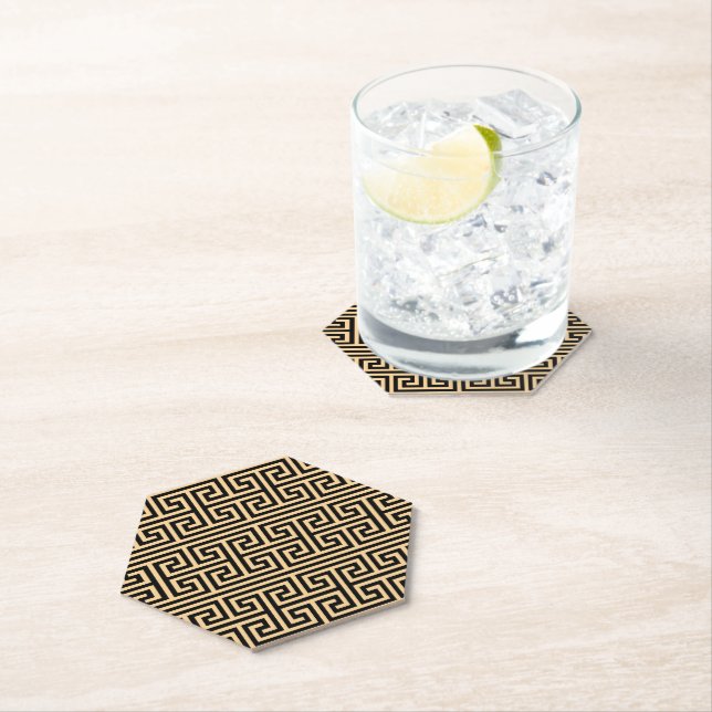 Greek Meander Key Square H Pattern Brown Paper Coaster (Insitu)