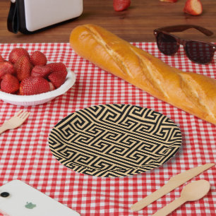 Greek Meander Key Square H Pattern Brown Paper Plates