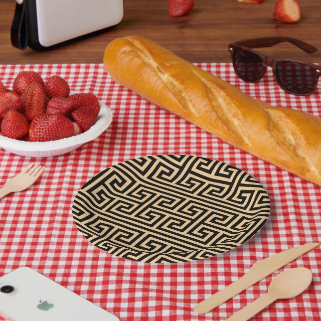 Greek Meander Key Square H Pattern Brown Paper Plates (Picnic)