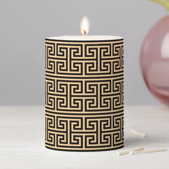 Greek Meander Key Square H Pattern Brown Pillar Candle (In Situ)